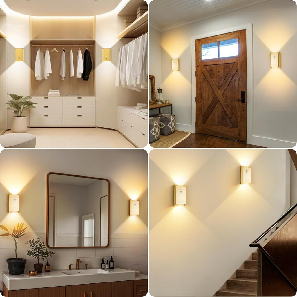 Battery Operated Wall Sconce Set of 2: 5000mAh Rechargeable Motion Sensor Night Light Indoor, 3CCT Dimmable Wireless Wall Lights Magnetic LED Up and Down Wall Lamp for Bedroom Closet Stair, Gold