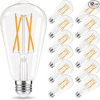 Edison Bulbs 60 watt LED Equivalent, Vintage Light Bulbs Non-Dimmable, 2700K Warm White, ST58 E26 LED Bulb, 90+ CRI, 6W 600LM, E26 Medium Base, Clear Glass, 12 Pack