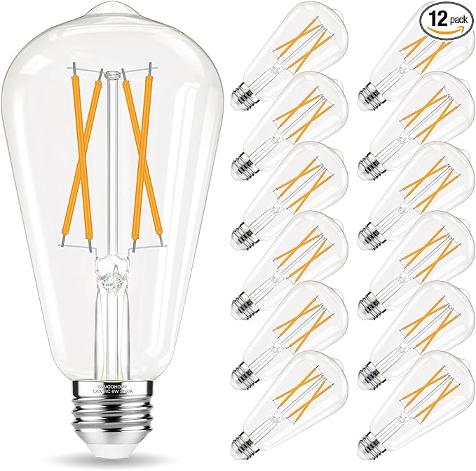 Edison Bulbs 60 watt LED Equivalent, Vintage Light Bulbs Non-Dimmable, 2700K Warm White, ST58 E26 LED Bulb, 90+ CRI, 6W 600LM, E26 Medium Base, Clear Glass, 12 Pack