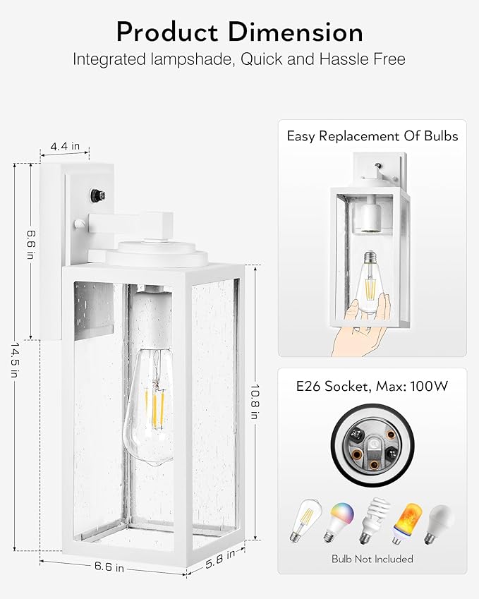 VIANIS 14.5" Dusk to Dawn Outdoor Lighting, White Exterior Light Fixtures with Tempered Seeded Glass, Waterproof Outdoor Wall Light Fixture, Anti-Rust Aluminium Porch Lights Outdoor for Porch, Garage