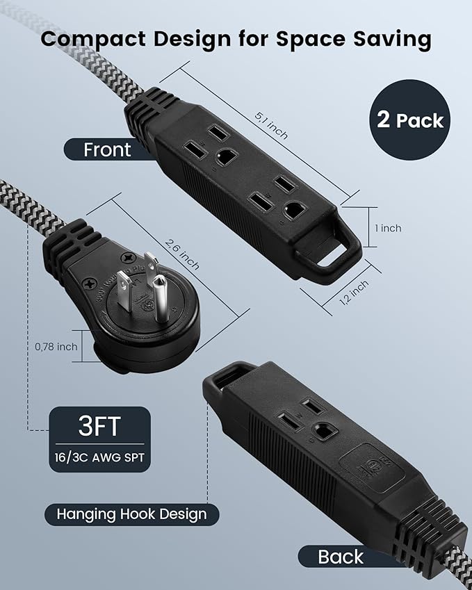 SURAIELEC 2 Pack Flat Extension Cord 3FT, 360° Rotating Plug, Braided Flat Plug with 3 Outlets, 16 AWG Thin Black Extension Cord for Indoor Use, Home, Office, Compact Spaces, ETL Listed