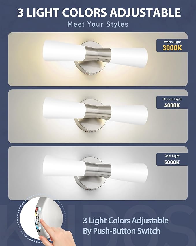 kudos Bathroom Sconces Set of 2,16inches Brushed Nickel Vanity Light Fixtures, Modern Sconces Wall Lighting with Milk White Glass, Dimmerable 3000K/4000K/5000K for Bedroom Hallway, KDVL13-BN-2PK