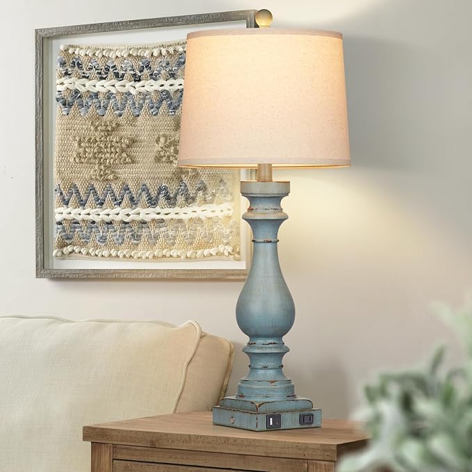 27.5" Tall Coastal Lamp,Retro-Blue Vintage Bedside Nightstand Lamps with USB Charging Ports A/C,3-Way Dimmable Touch Control Table Lamps for Bedroom Living Room,Single Blue