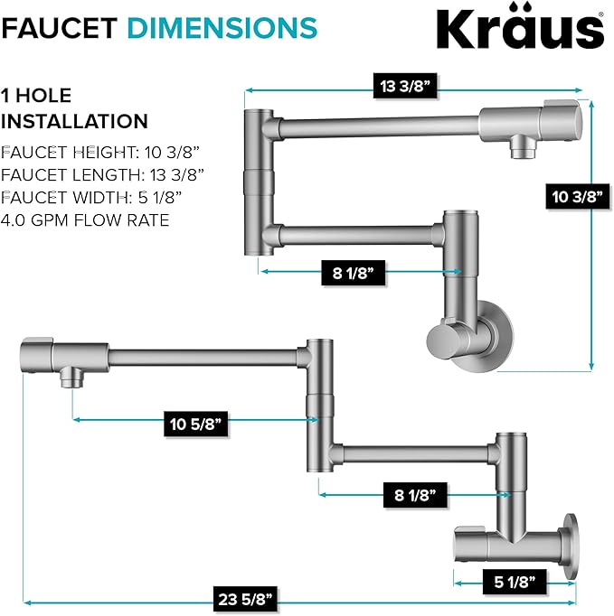 KRAUS Bolden 2 Handle Pot Filler Faucet with Retractable Arm, Wall Mount Kitchen Faucet, Pot Filler for Over Stove in Spot-Free Stainless Steel, KPF-5003SFS