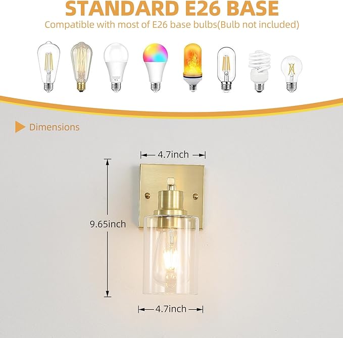 EMONG Gold Bathroom Light Fixtures,1-Lights Brushed Brass Vanity Light with Clear Glass Shade, Wall Sconces for Hallway, Farmhouse, Living Room