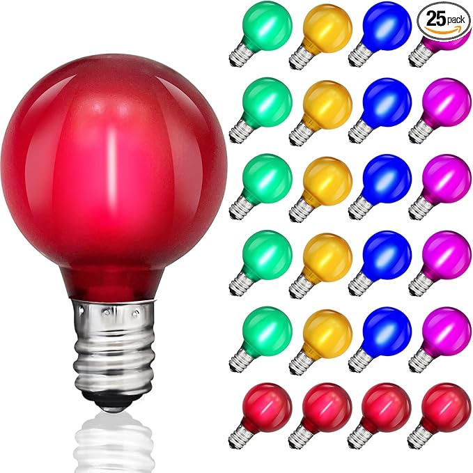 25 Pack Multicolor G40 LED Replacement Bulbs, E12/C7 Candelabra Base Shatterproof LED Globe Edison Bulbs for Christmas String Lights, 2700K Warm White, Frosted