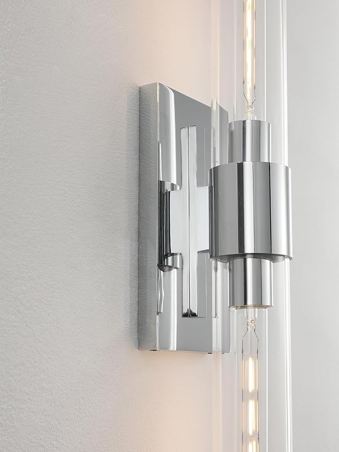 Chrome Tube Wall Sconces with Clear Glass, 24'' Modern Bathroom Vanity Light Fixtures for Bathroom Living Room Bedroom Hallway Fireplace Staircase(Bulb Included).