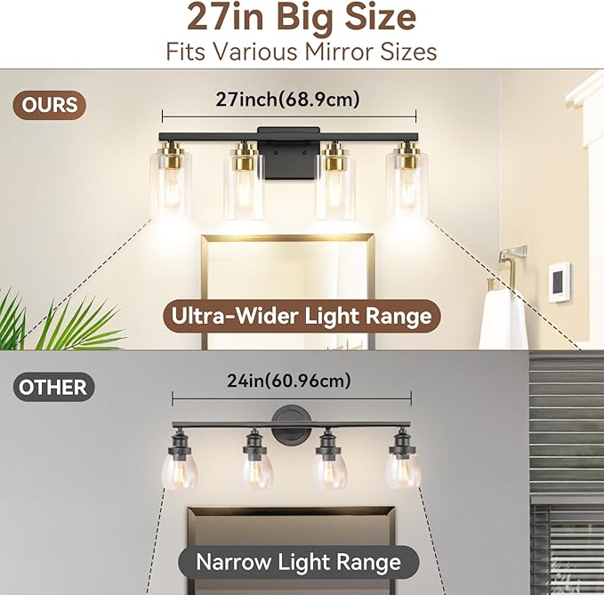 4-Light Bathroom Light Fixtures, 27" Modern Vanity Lights Over Mirror with Clear Glass Shades, Black & Gold Wall Sconce, Classic Wall Light Fixture for Mirror Living Room Cabinet Bedroom Porch Kitchen