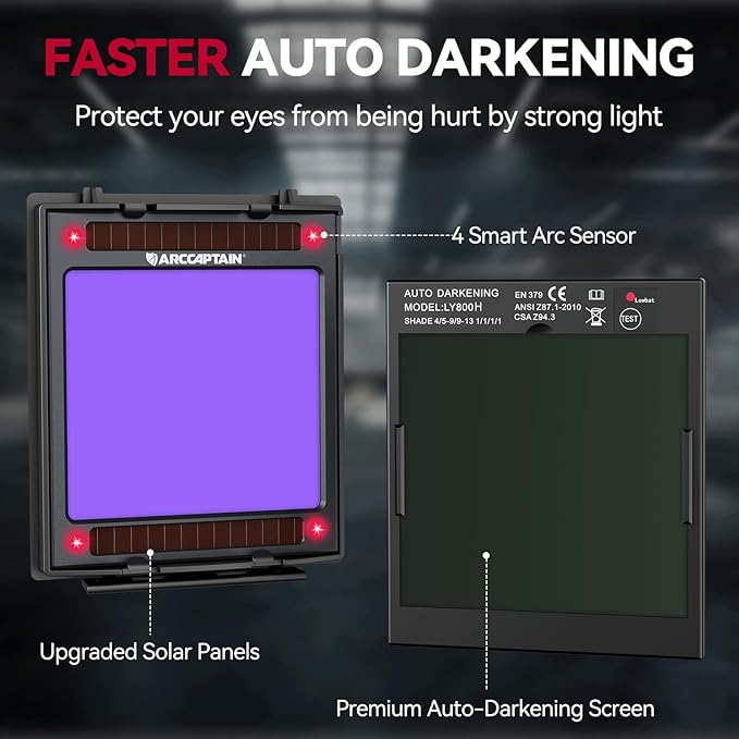 ARCCAPTAIN Large View 3.94" x 3.66" True Color Auto Darkening Welding Helmet with Light, Solar Powered Welding Hood, 4 Arc Sensor Wide Shade 4/5-9/9-13 for Stick MIG TIG Cut,Denim