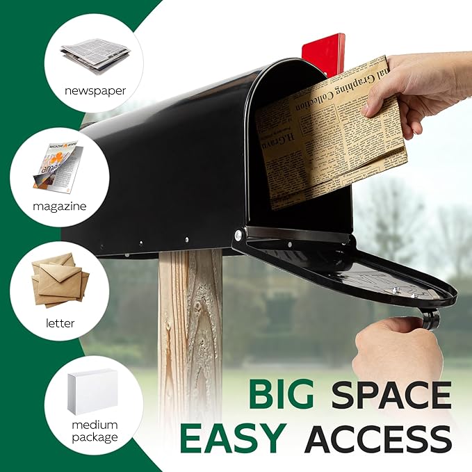 Mailboxes for Outside, Galvanized Steel Medium Black Metal Mailbox, 20 x 8.7 x 6.7 Inches