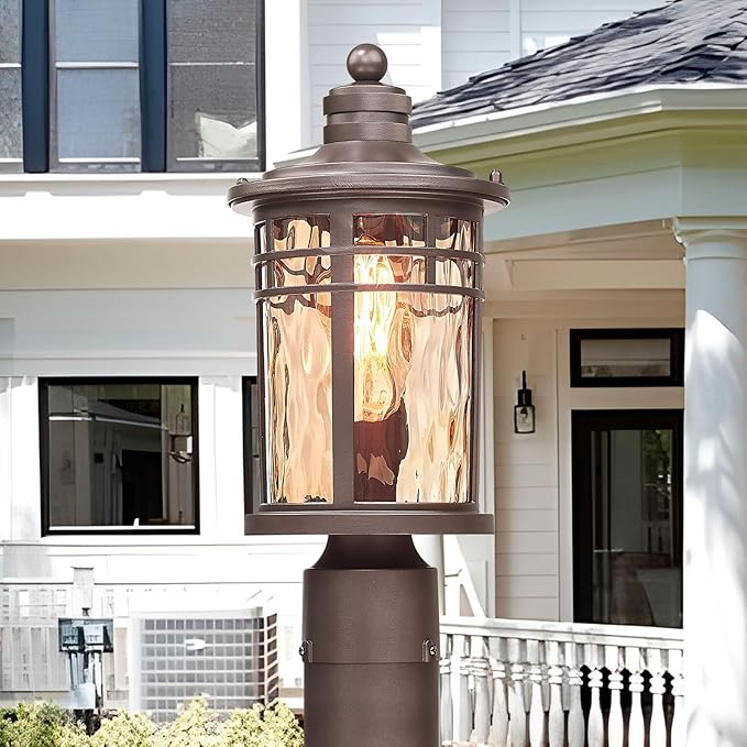 Darkaway Outdoor Post Light,2pcs Lamp Post Light Fixture, Waterproof Aluminum Housing with Amber Ripple Glass for Garden Patio Pathway Entry
