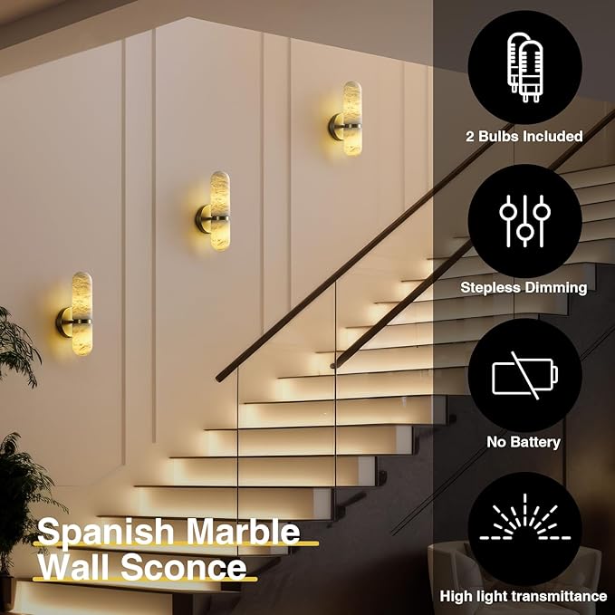 Alabaster Wall Sconces Set of Two, 13in Brass Alabaster Sconce, Modern Spanish Natural Marble Sconces Lights, Gold Sconces for Bathroom Vanity Bedroom Living Room Staircases Hallway