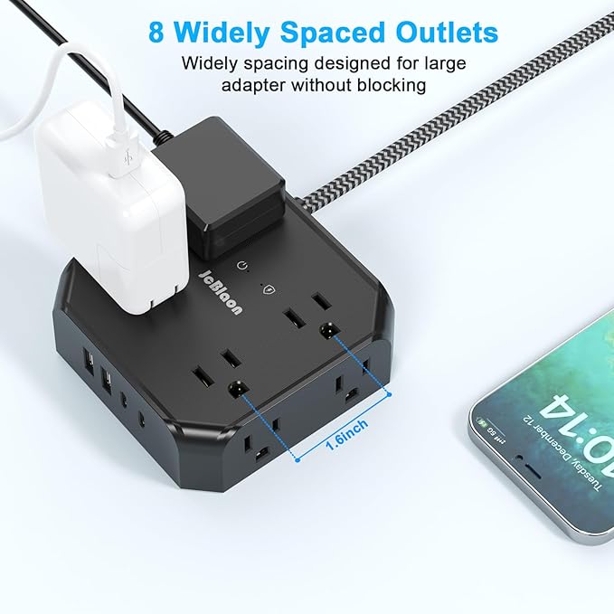 10FT Surge Protector Power Strip, Braided Extension Cord, 8 Outlets 4 USB Ports(2 USB C), Flat Plug Power Strip, USB Desktop Charging Station for Office School Travel Dorm Room Essentials