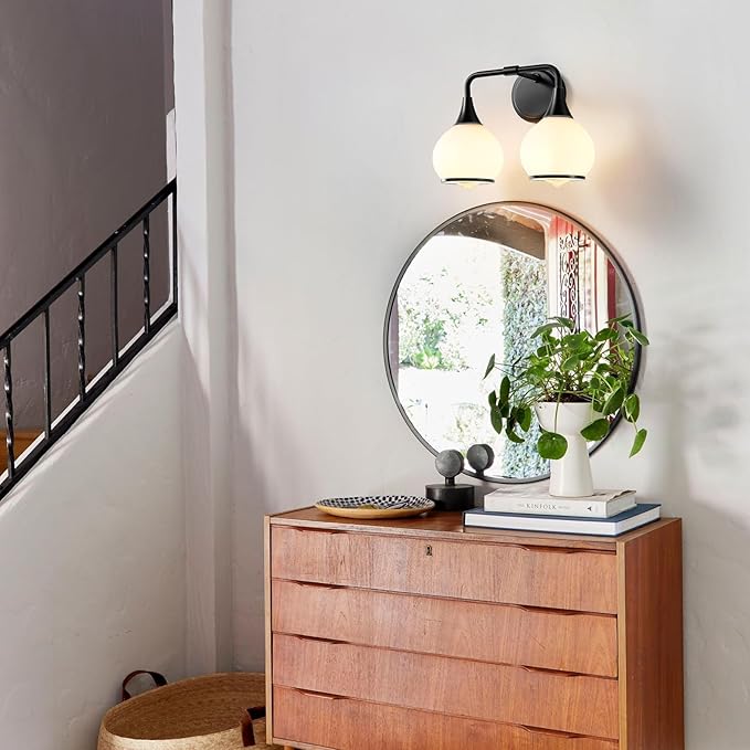 Black Bathroom Light Fixtures 2 Lights Vanity Lights with Milky White Frosted Glass Shade Bathroom Vanity Light 14 inch Wall Sconce Lighting Bath(Exclude E26 Bulb)