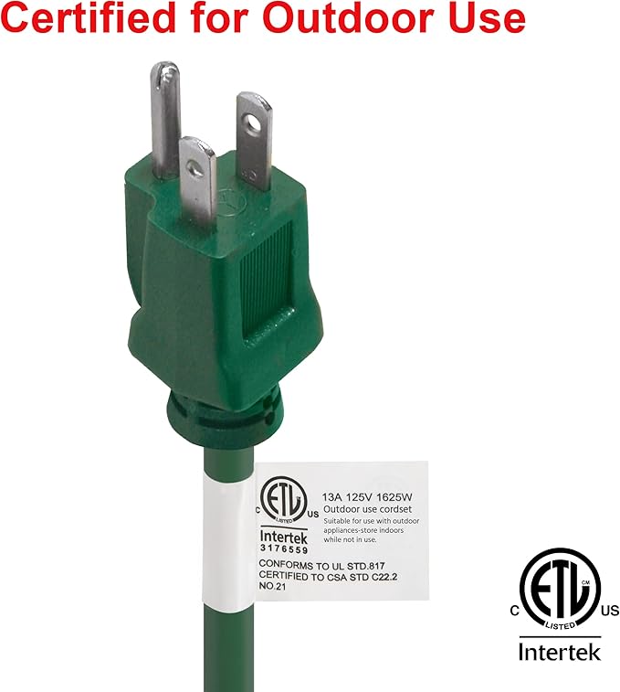 Clear Power Outdoor Extension Cord - 8 FT, Green | Lawn & Garden, 16/3 SJTW, 3-Outlet, Water & Weather Resistant, Flame Retardant, 3 Prong Grounded Plug, Perfect for Christmas and Holiday (CP10210)