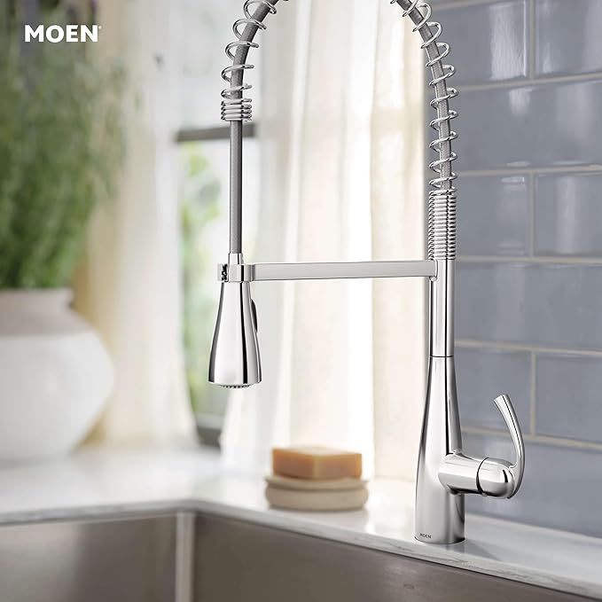 Moen Essie Chrome One-Handle High Arc Pre-Rinse Spring Pulldown Kitchen Faucet with Power Clean, 87814