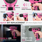 Drill Set: Tool Set with 8V Pink Cordless Drill, Home Tool Kit with Drill, Hand Tool Kits for Women, Homeowner, Diyer, Handyman, 127Piece