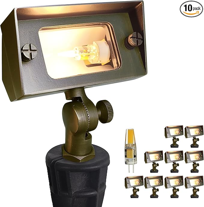 COLOER Brass Small Rectangular Flood Lights Outdoor 10 Pack with 2W 2700K Warm White LED G4 Bulb, 12V Low Voltage Landscape Outside Lights for House Illuminating Signs, Walls and Tree