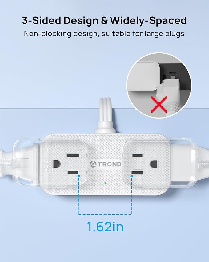 TROND Outlet Extender with 6 Inch Cord, Flat Plug Adapter with 4 Electrical Sockets, 900J Surge Protector, Wall Mountable, Multi Plug Wall Outlet for Home Office Travel Dorm Room Essentials, White