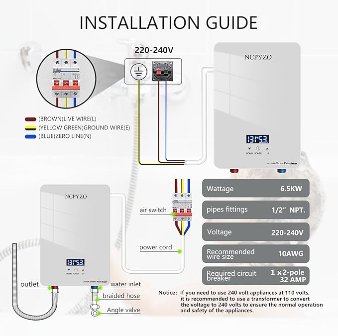 Instant Electric Water Heater 240V 6500W. Tankless Water Heater Electric for Kitchen、Bathroom、Under Sink.On Demand Hot Water Heaters with Self Modulating Technology.Energy Efficient&Easy Installation.