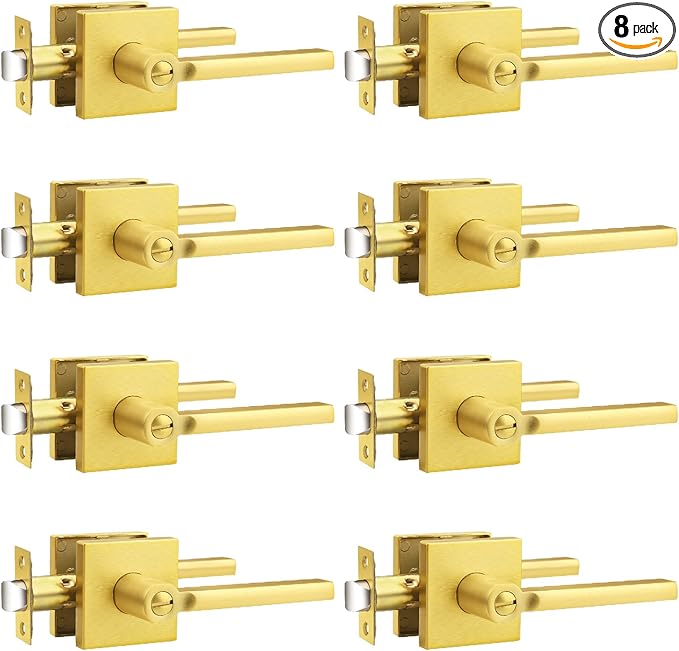 Probrico Gold Privacy Door Handle Lockset Heavy Duty Square Satin Brass Interior Door Lever for Bedroom or Bathroom Reversible Keyless Handleset Door Knob Slim Handed Levers, 8 Pack