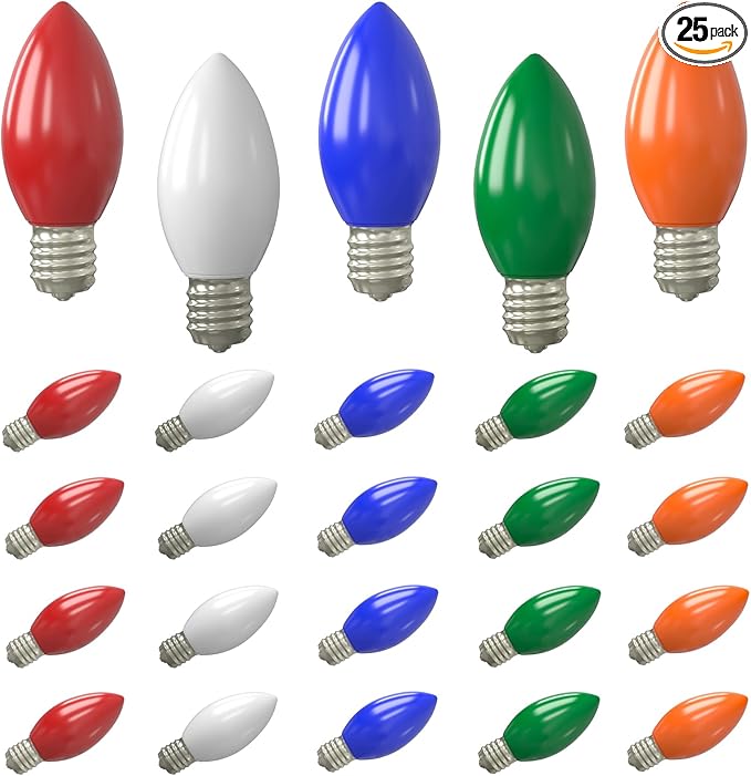 SUNSGNE C9 LED Christmas Multicolor Replacement Light Bulbs, 25 Pack Vintage Shatterproof Colored Christmas Light Bulbs, E17 Intermediate Base