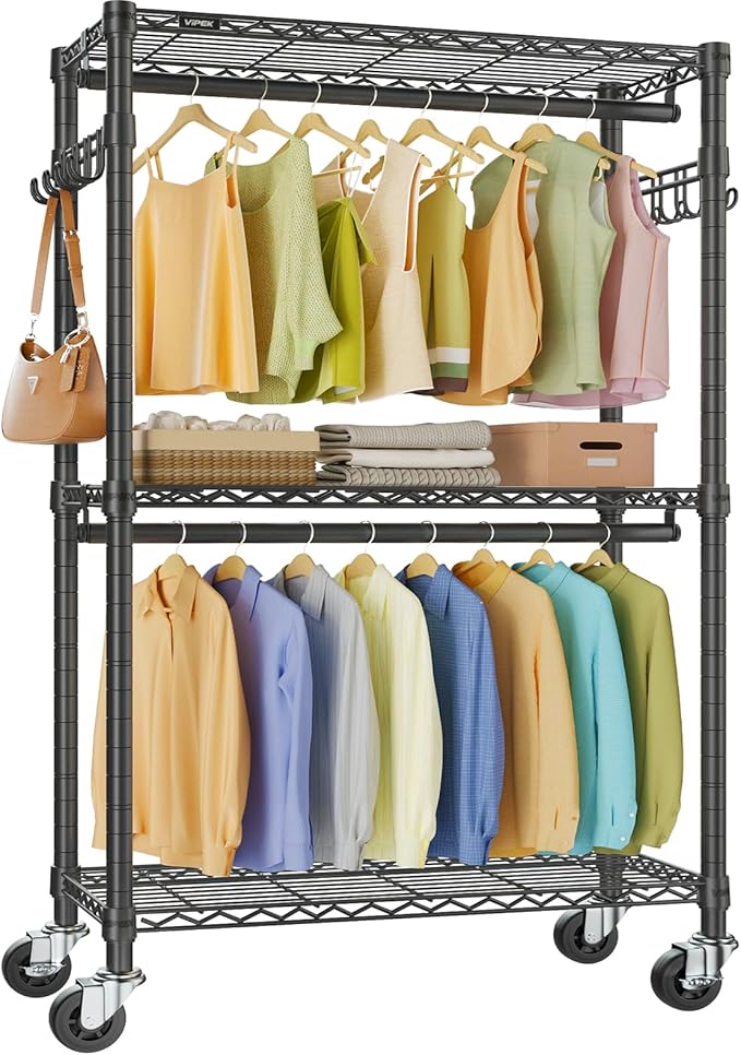 VIPEK R2 Clothes Rack Heavy Duty Clothing Rack for Hanging Clothes, Rolling Garment Rack Adjustable Closet Racks with Double Rods & Hooks, Freestanding Wardrobe Closet Coat Storage Racks, Black