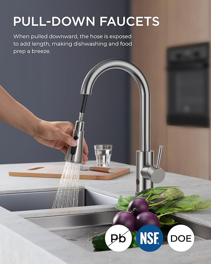 FORIOUS Touchless Kitchen Faucet with Pull Down Sprayer, Brushed Nickel Hands-Free Smart Motion Sensor Sink Faucet Single Handle Contemporary, Suitable for Farmhouse Laundry Camper RV Bar