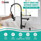 GIMILI Commercial Kitchen Faucet with Pull Down Sprayer, Double Headed Single Handle High Pressure Kitchen Faucet with Soap Dispenser Matte Black