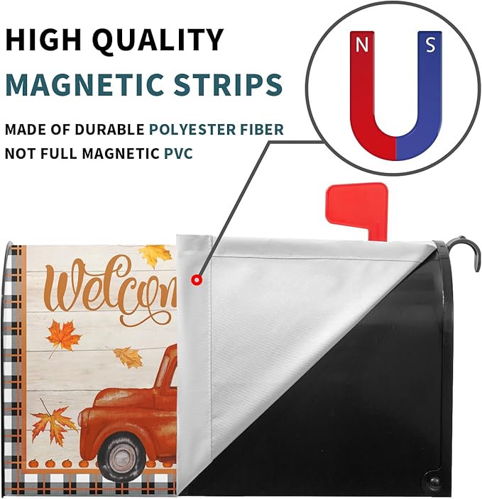 Kawani Fall Mailbox Cover - Autumn Harvest Orange Pumpkin Truck Maple Leaves Magnetic Standard Size 21x18 Inch Thanksgiving Waterproof Post Box Wrap Garden Yard Decor
