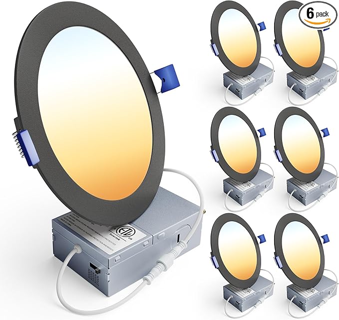Ensenior 6 Pack 6 Inch LED Recessed Light, Dimmable, 2700K-5000K 5CCT, 1200LM High Brightness, 12W 120V, Damp Rated, Ultra-Thin Canless Wafer Light, Black - ETL & FCC & IC