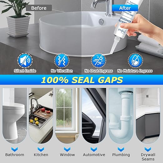 White Silicone Sealant & Adhesive RTV 100% Silicone Caulk Waterproof High Strength Adhesive All-Purpose Shrink & Crack Proof Caulking for Kitchen, Bathroom, Windows & Car - 1.8oz/50g