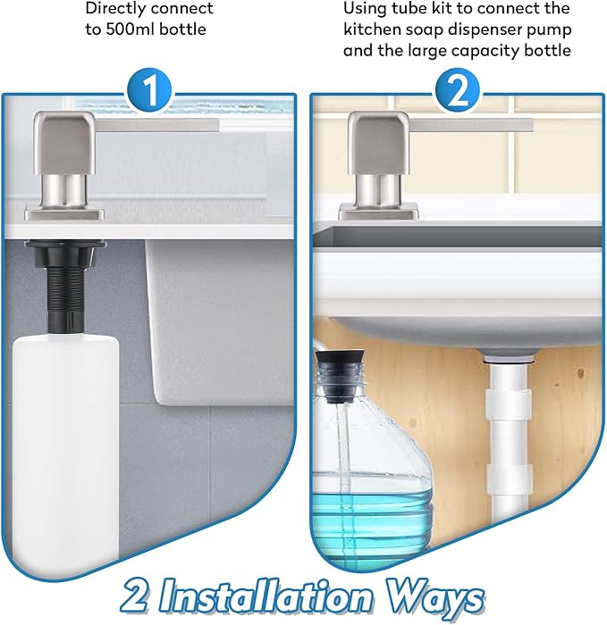 CREA Soap Dispenser for Kitchen Sink, Kitchen Soap Dispenser Brushed Nickel Square Built in Sink Soap Dispenser for Bathroom with 17 OZ Bottle