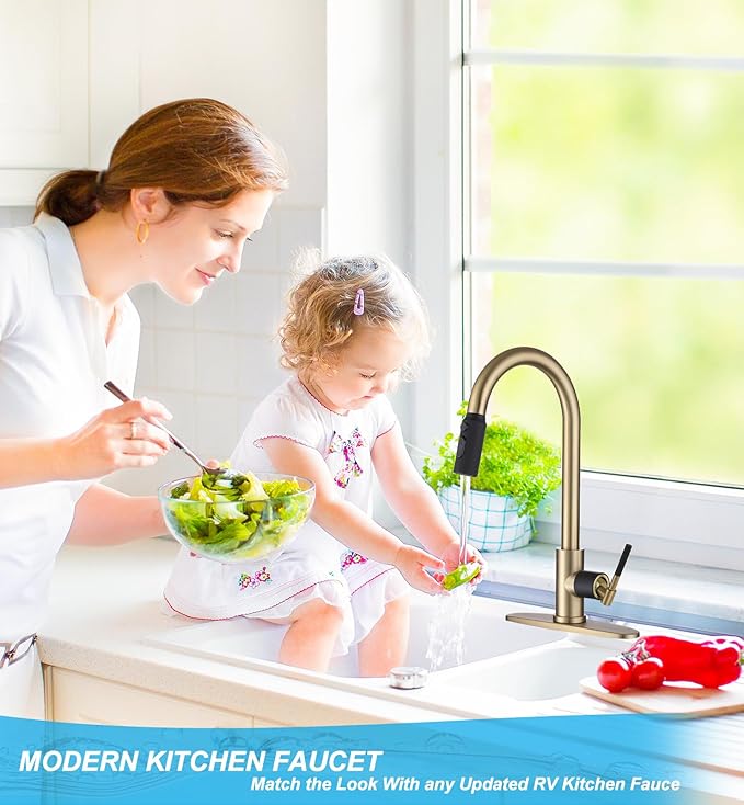 Brushed Gold Pull Down Kitchen Faucet -Modern High Arc Single Handle Kitchen Sink Faucet with Sprayer，Stainless Steel Rv Sink Faucet ，Fit for 1/3 Hole with 10" Deck Plate