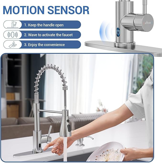 APPASO Touchless Kitchen Faucet, 3 Modes Smart Motion Sensor Kitchen Faucet with Pull Down Sprayer, Brushed Nickel Activated Faucet for Kitchen Sink with Soap Dispenser