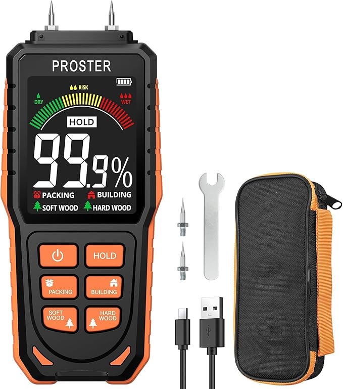 Proster Rechargeable Moisture Meter with Tri-Colour Display – Wall Damp Meter with Visual & Sound Alerts, Professional Damp Detector for Timber, Walls, Cement, and Building Materials