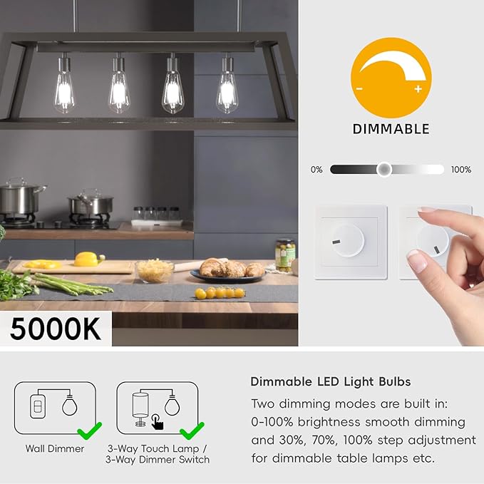 Jensense Edison Light Bulbs E26 LED Bulb 60 watt Equivalent Dimmable Light Bulbs 5000K Daylight Cool White Vintage 7W Edison Bulbs 110V 120V 800 Lumen CRI90, 8 Pack