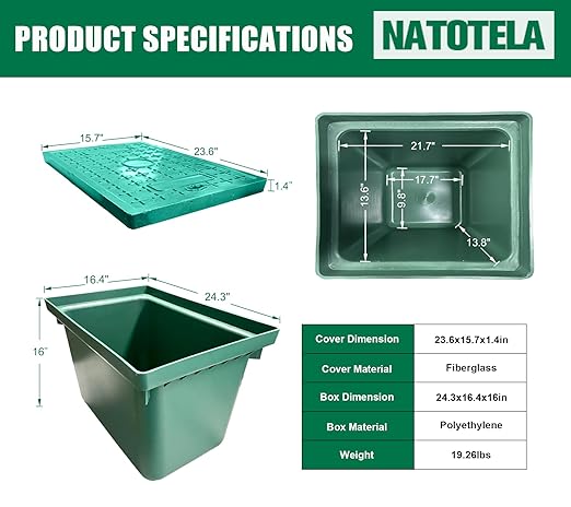 24x16x16 Underground Splice Box Rectangular Electrical Junction Boxes Polyethylene Distribution Pull Chamber W/FRP Inspection Cover Access Enclosure Pit Drillable Tapered Wiring Box for Cable