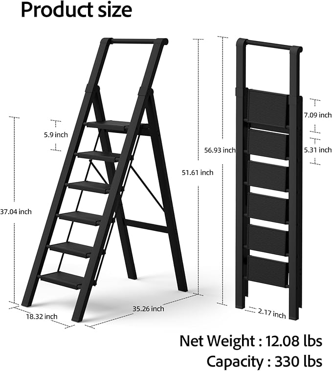 6 Step Ladder, Lightweight Folding Step Stool with Convenient Handgrip,Aluminum 330lbs Capacity Step Ladder for Office,Household,Kitchen(Black)