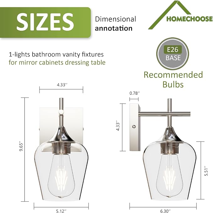 Vanity Bathroom Light, 1-Light Bathroom Light Fixtures Over Mirror, Silver Vanity Lights for Bathroom with Clear Glass, Modern Wall Lamp for Cabinet Hallway, Bedroom