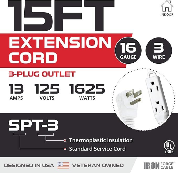 Iron Forge Cable 15 ft Flat Plug White Extension Cord with 3 Outlets - 16/3 SJTW 3 Prong Indoor Extension Cord with Multiple Outlets
