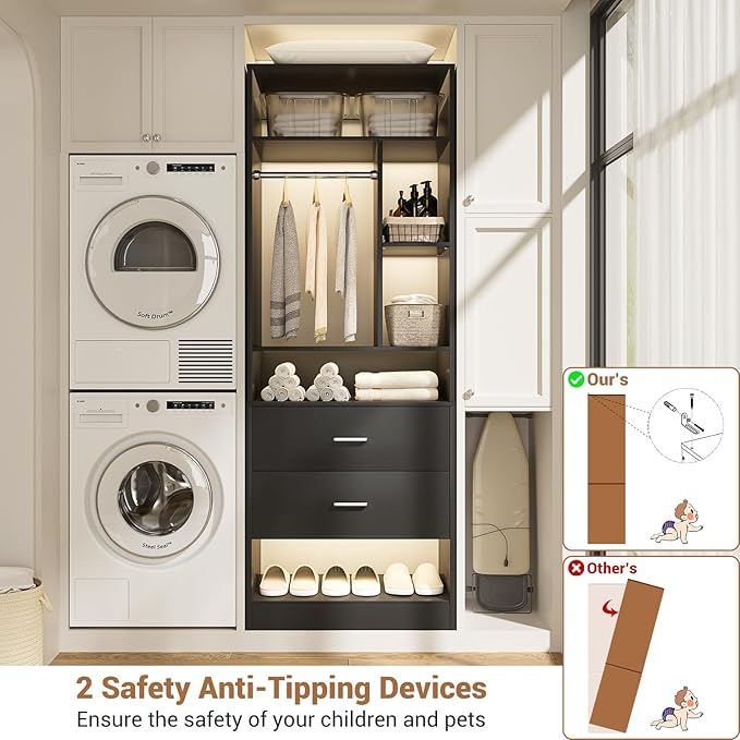 4FT Closet System with 4 Wood Drawers, 48" Closet Organizer System with 10+ Small Shelves & 2 Hanging Rods, Walk-in/Nursery Closet Systems, Set of 2, Black (48" L x 15" W x 80" H)