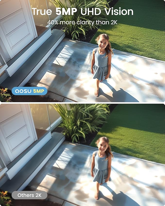 aosu 3K/5MP Solar Security Cameras Wireless Outdoor, Ultra-Wide-Angle, Cam-to-Cam Track & Sync, Home Security System with Color Night Vision, Spotlight Smart Alarm, No Subscription, 2.4 & 5GHz WiFi