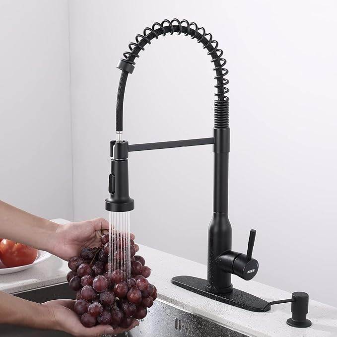 Black Touchless Kitchen Faucet ， KEER Smart Motion Sensor Hands Free Single Handle Spring Kitchen Sink Faucet with Pull Down Sprayer