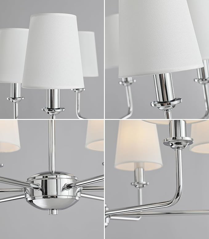 Modern 6 Light Chrome Chandelier with White Fabric Shades Elegant Ceiling Light,Farmhouse & Industrial Pendant Chandelier for Dining Room Living Room Bedroom,E12 Base