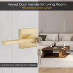 4 Pcs Door Handles Keyed Alike, Satin Brass Door Knobs Interior Modern Door Hardware & Locks, Heavy Duty Door Knobs with Lock and Key, Entry Exterior Door Levers