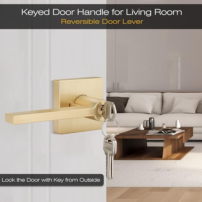 EHOMEWARE 2 Pcs Satin Brass Door Handles, Interior/Exterior Door Knobs with Lock and Key, Gold Entry Door Levers for Bedroom Bathroom or Front Doors, Heavy Duty Modern Door Hardware