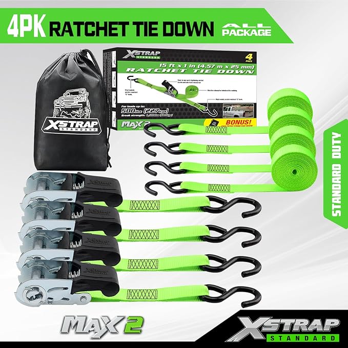XSTRAP STANDARD Ratchet Tie Down Straps 4 Pk 15Ft- 500 Lbs Load Cap- 1500 Lb Break Strength-Cargo Straps for Moving Appliances, Lawn Equipment, Motorcycle