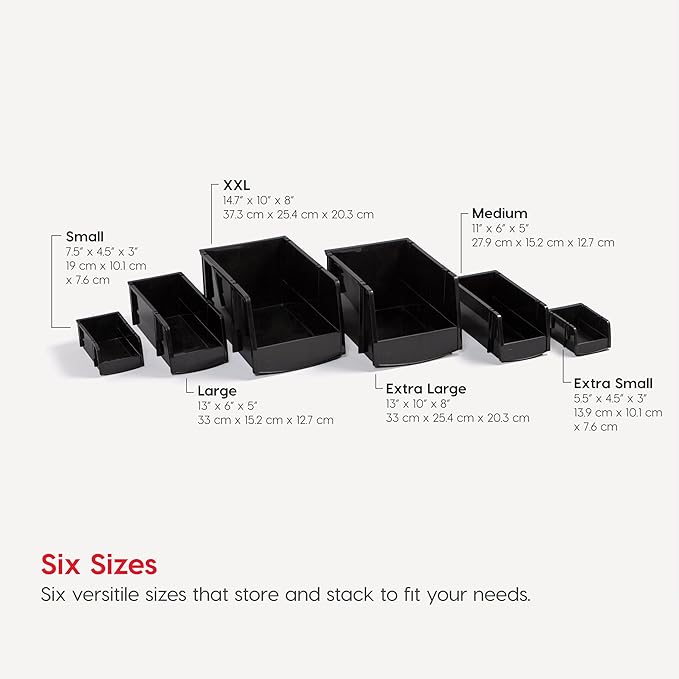IRIS USA Medium Stackable Storage Bins, 4-Pack, 11" L x 6" W x 5" H, |Made in USA|, Plastic Open Front Shelf Bin for Organizing Parts, Hardware, Tools, Supplies, Garage Shelf, Pantry - Black