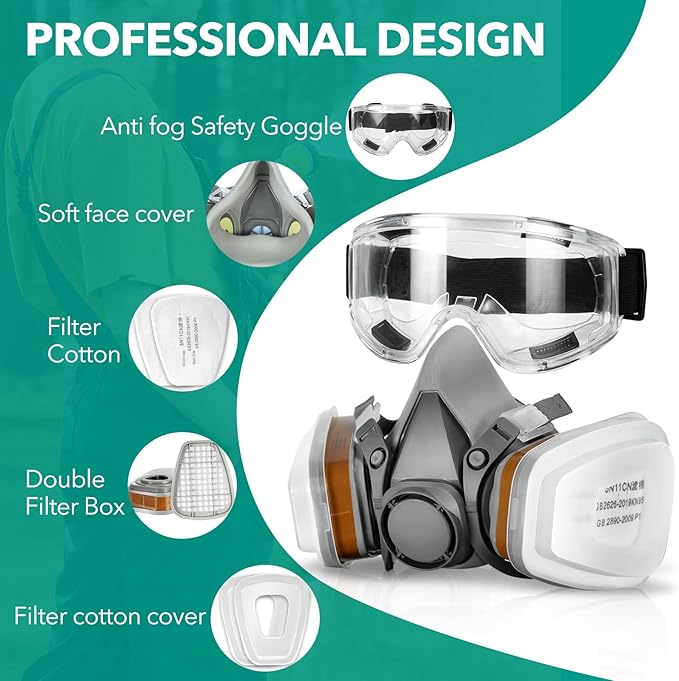 TRQWH Dust Goggles Reusable Respirator Mask with Filters for Polishing, Spraying, Dust, Construction Work, Woodworking and More